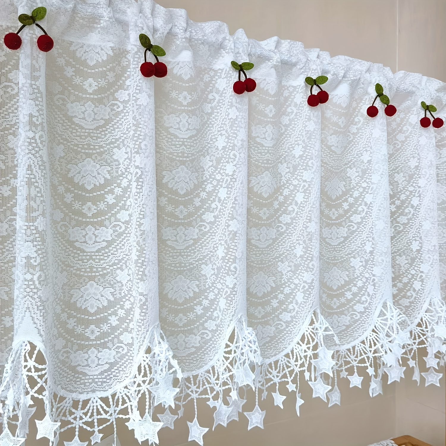     embroidery sheer short curtains with lace tassels semi transparent window scarf rod   for kitchen cafe restaurant   elegant christmas decor curtains 1pc