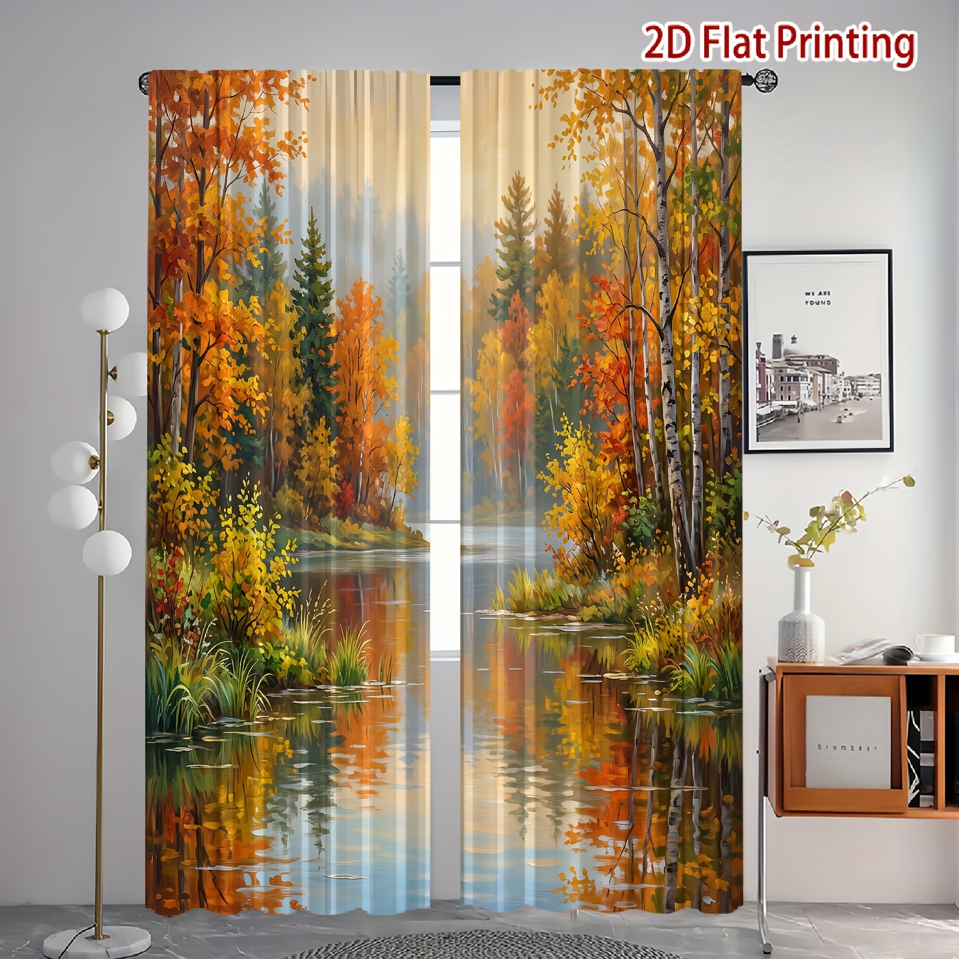 TEMU 2d Flat - 2d Flat - [ Product] 2pcs 2d Flat Printing Autumn Scenery Printed Curtains, Soft Light, Privacy Protection, Pocket Rod Style