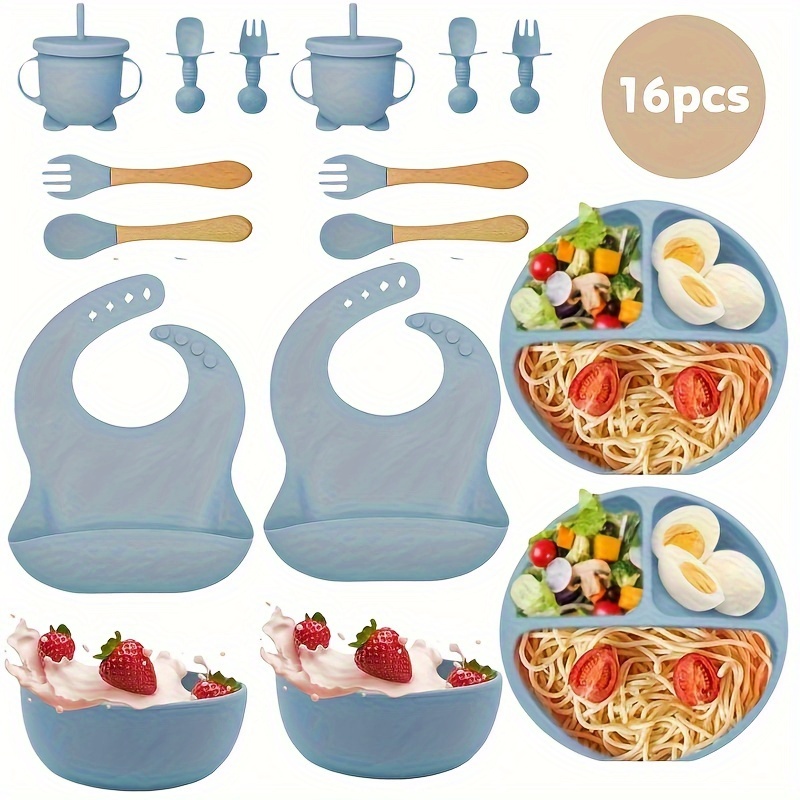 2-pack Baby Silicone Suction Bowl and Spoon with Wood Handle Baby Toddler Tableware Dishes Self-Feeding Utensils Set for Self-Training