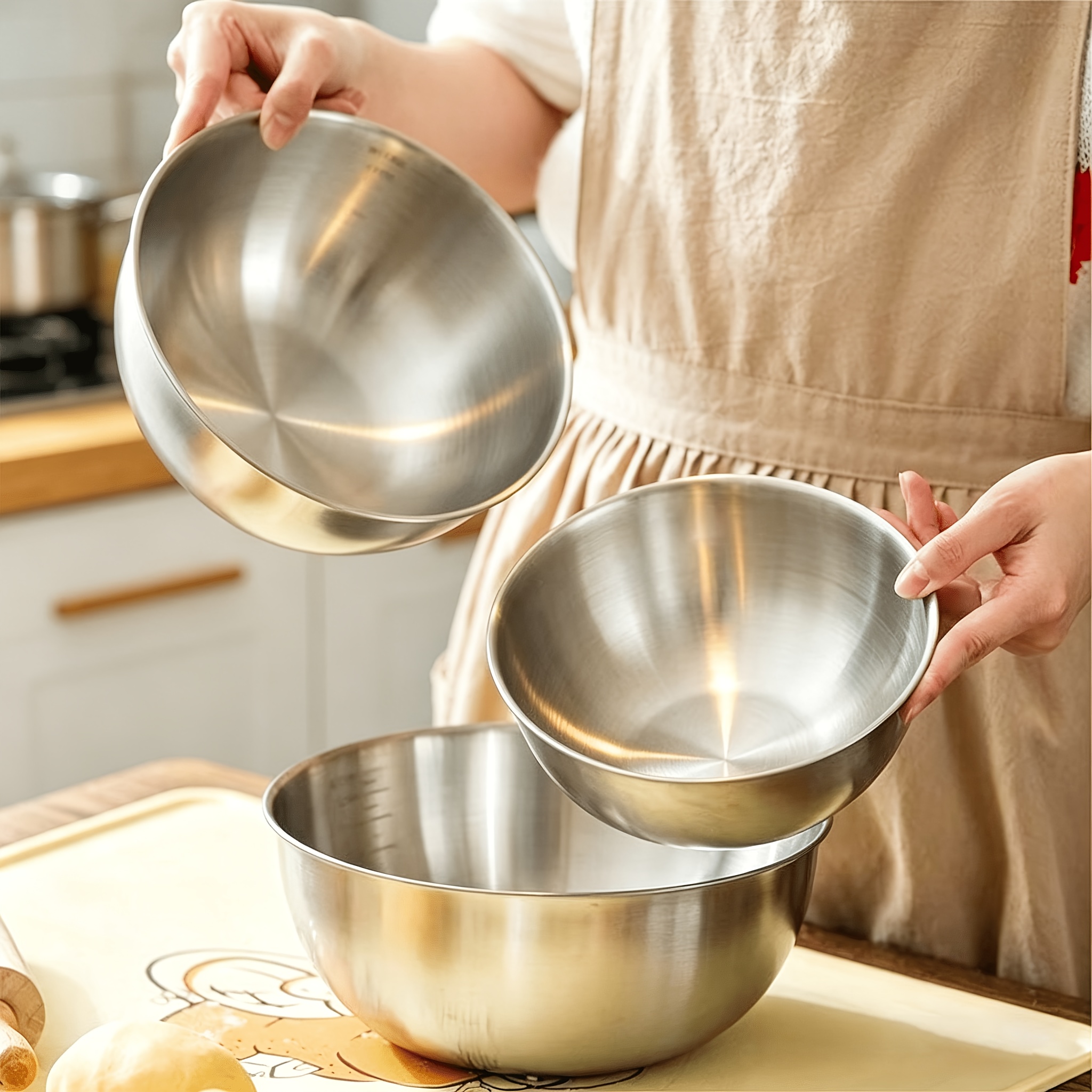 TEMU Large Medium Small, 3pcs Set Of Salad Bowls, Mixing Bowls, Suitable For Salads, Noodles, Egg Beating, Dough Making, Stackable Storage, Ideal For