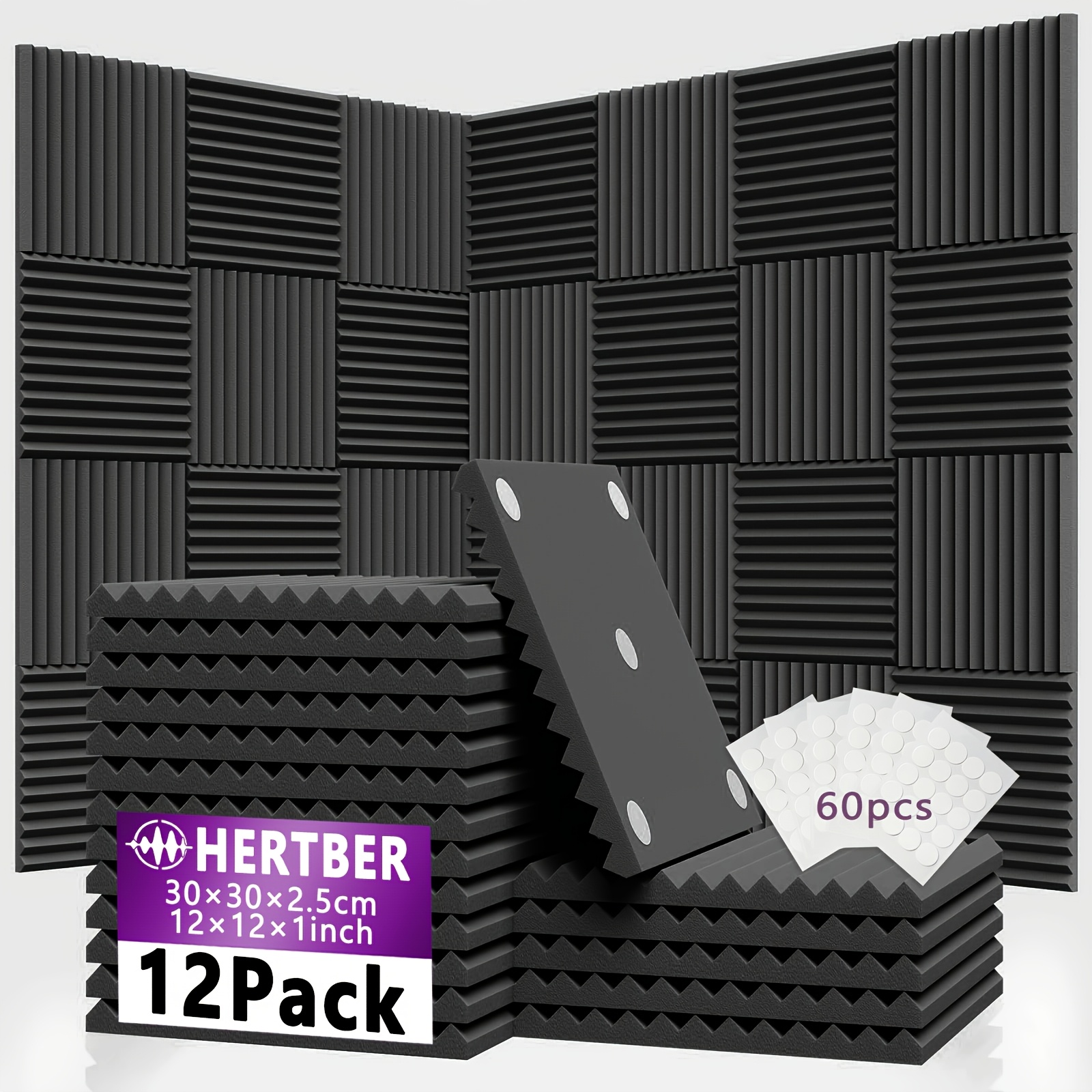 TEMU [hertber] 12pcs Contrast Acoustic Panels With 60pcs Adhesive Set 30x30x2.5cm High-density Soundproof Suitable For Bedroom Music Room Recording