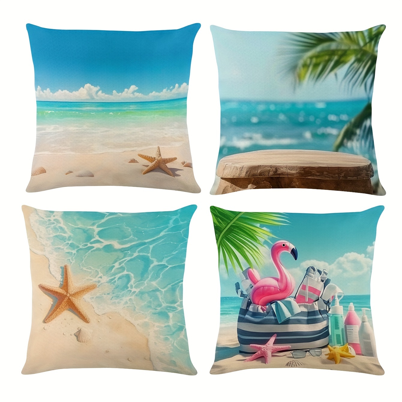 

4-piece Set, Coastal Theme Beach & Palm Ocean Series, 17.72in Square Linen Throw Pillow Covers, Modern Single-side Printed Cushion Cases, Soft And Comfortable Home Decor For (covers Only)