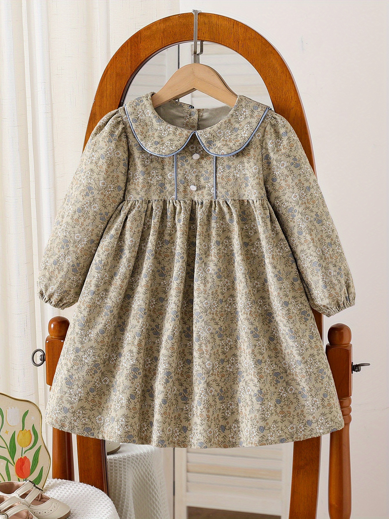 long sleeve collared floral corduroy print girls dress - Temu Kuwait