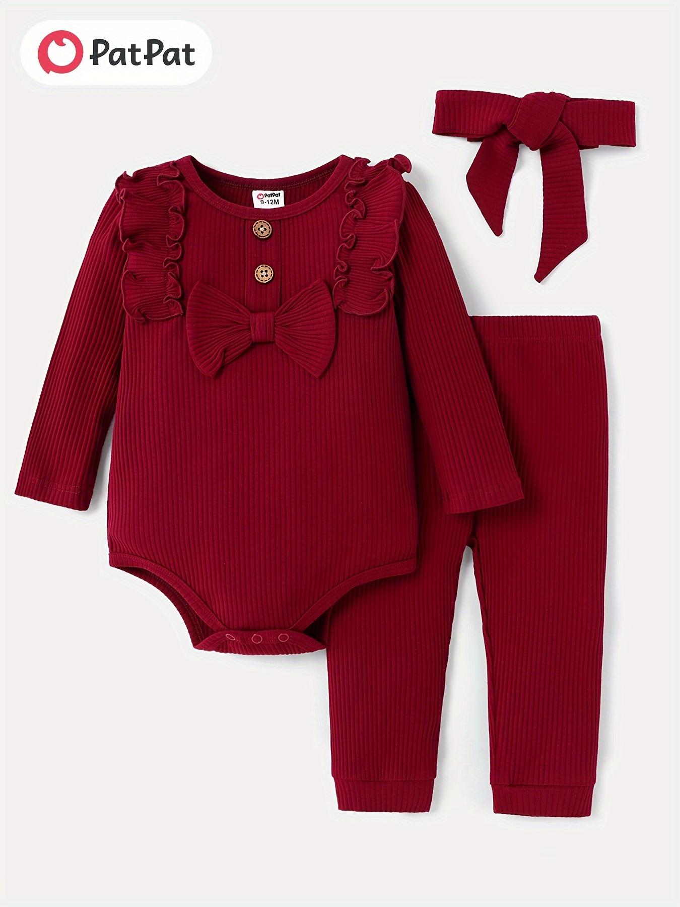 2pcs Baby Girl Solid Rib Knit Long-sleeve Top and Floral Print Ruffle Trim Suspender Pants Set