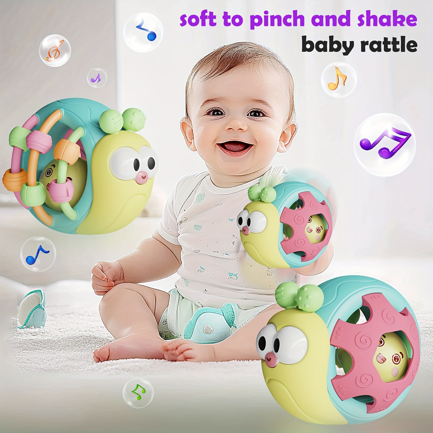 Baby Teething & Grasping Toys - Infant Safe Crinkle Squeaky Snail Ball With Rattle, Soft Toy For 0-12 Months, Easy To Hold