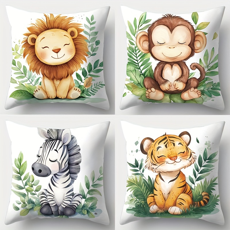 

Ensemble de 4 housses de coussin contemporaines avec d'animaux - Lavable à , fermeture éclair, polyester tissé, présentant des designs de tigre, lion, zèbre pour la décoration de salon