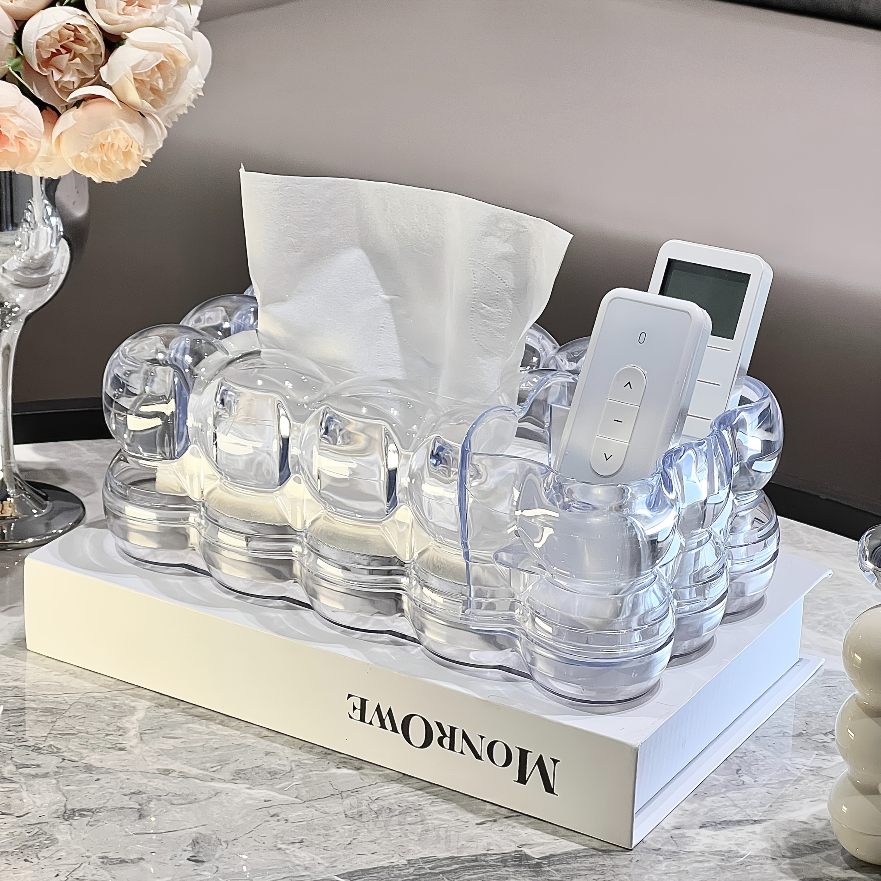 1pc elegant clear plastic tissue box holder with two storage compartments and rabbit accents cloud shaped home decor storage box for living room bedroom office kitchen and dining area storage and decor Product details 0