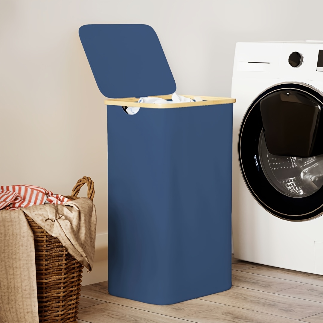 TEMU 110l Collapsible Laundry Hamper With Bamboo Handles & Fitted Lid - Spacious Fabric Storage Bin, Tall Clothes Organizer For Bedroom, Bathroom,