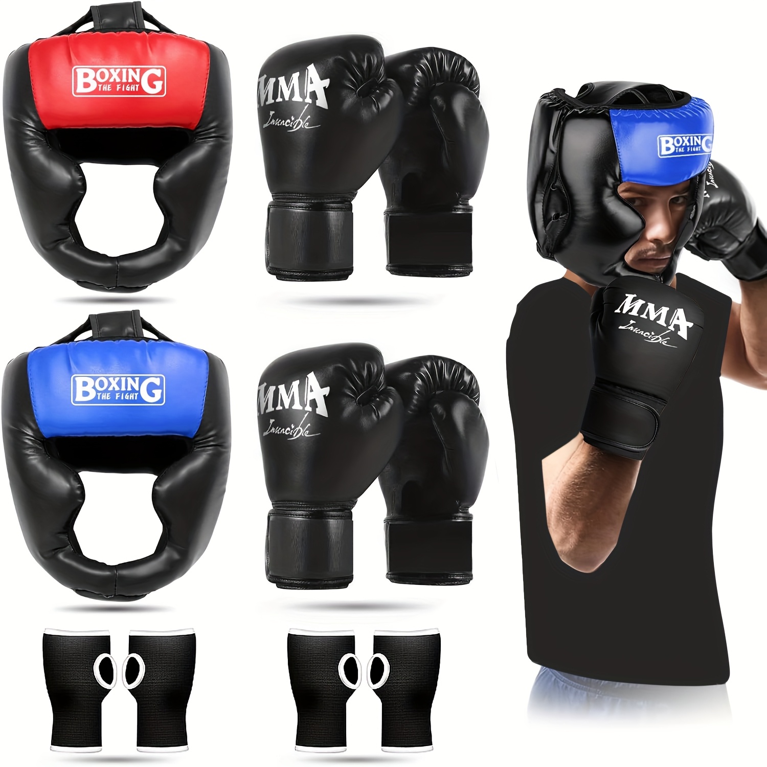 set de   piezas de tapas para la cabeza de boxeo   y  , guantes de boxeo, equipo de boxeo, capuchas de entrenamiento y sparring, equipo de boxeo, para mma, kickboxing, muay thai, para hombres y mujeres que   la  