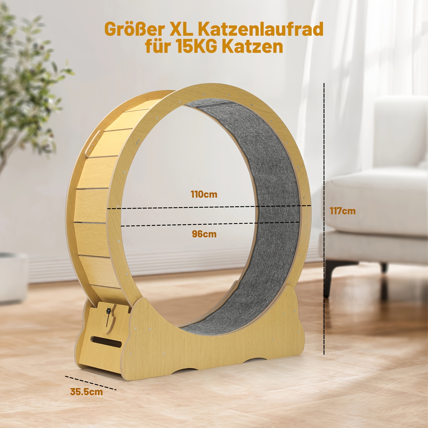 Wooden Cat Exercise Wheel, Large Cat Treadmill Wheel For Indoor Cats, Running Wheel With Detachable Carpet & Teaser For Running/walking/training, Suitable For Most Cats