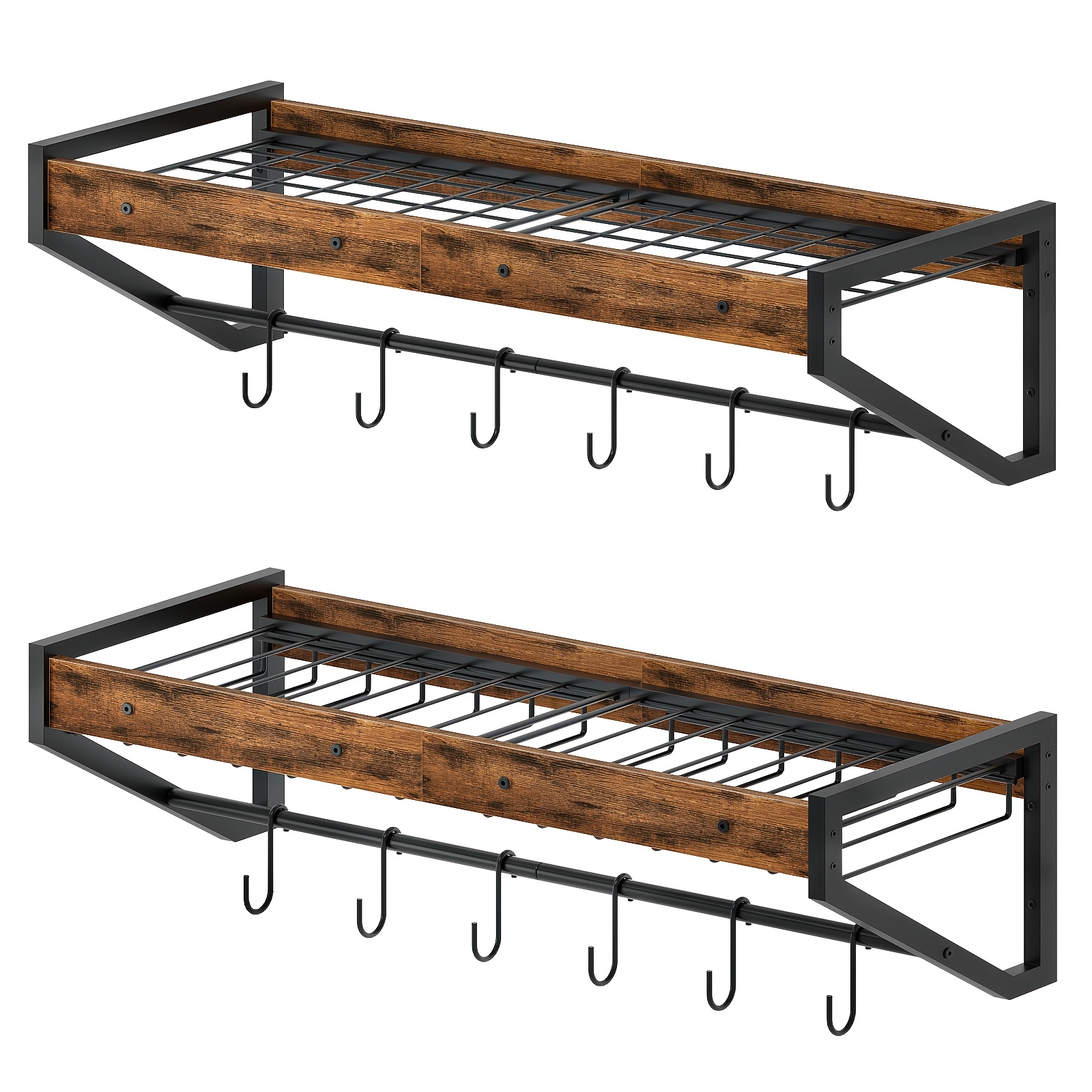 A Pair Of Wall-mounted Pot Racks, Measuring 23.6 Inches, Designed For Hanging Kitchen Utensils With 12 S-hooks, Featuring A Rustic Brown End