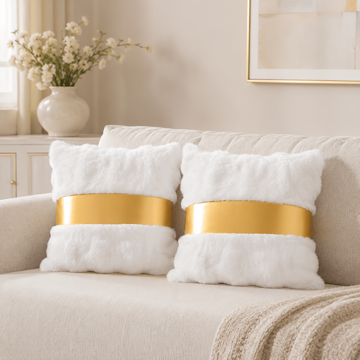 TEMU 2 Luxury Gold- Rabbit Wool Cushion Covers, Measuring 45cm X 45cm (17.7 Inches), Suitable For Living Rooms, Bedrooms, Outdoors And Other