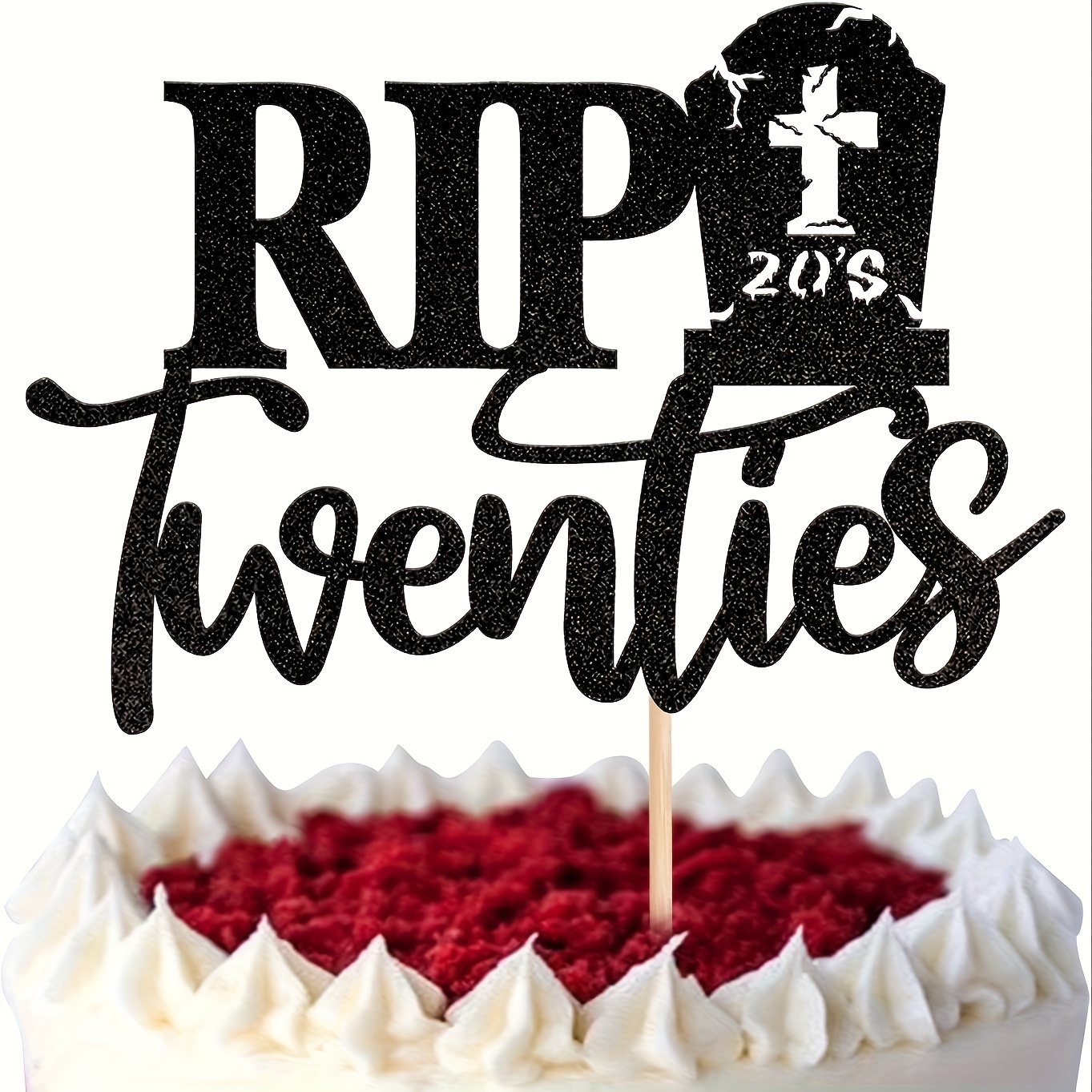 Image of 1pc "rip " Cake Topper With Black Glitter - Humorous Funeral Theme Cake Decoration For 30th Birthday Party For Halloween, Christmas, Easter