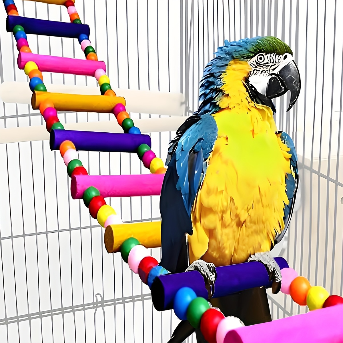 カラフルな木製オウム橋＆スイングおもちゃ - マコー、アフリカングレー、ビジー、コッカチール＆ インコ用の25インチはしごと10個のビーズ付き - 鳥のための楽しい遊びとトレーニングアクセサリー、鳥のおもちゃ |  バードスイング | 天然  0
