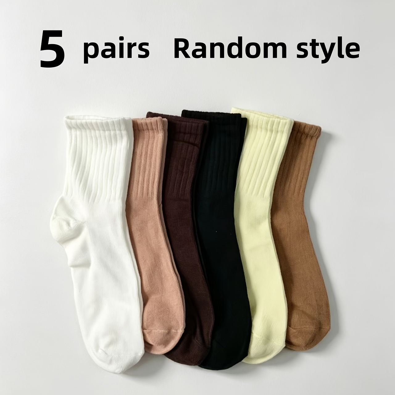 TEMU 5 Pairs Of Random Women's Mid-tube Solid Color Pile Socks, Trendy And Versatile For