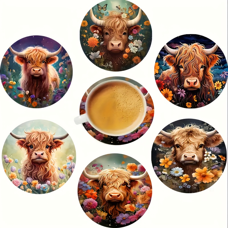 

6pcs Artistic Wooden Anti-slip Coasters, Suitable For Adult Office Tea Coasters, Painting Cow Animal Pattern Coasters, Full Of High-end , Size 10×10cm/4×4in