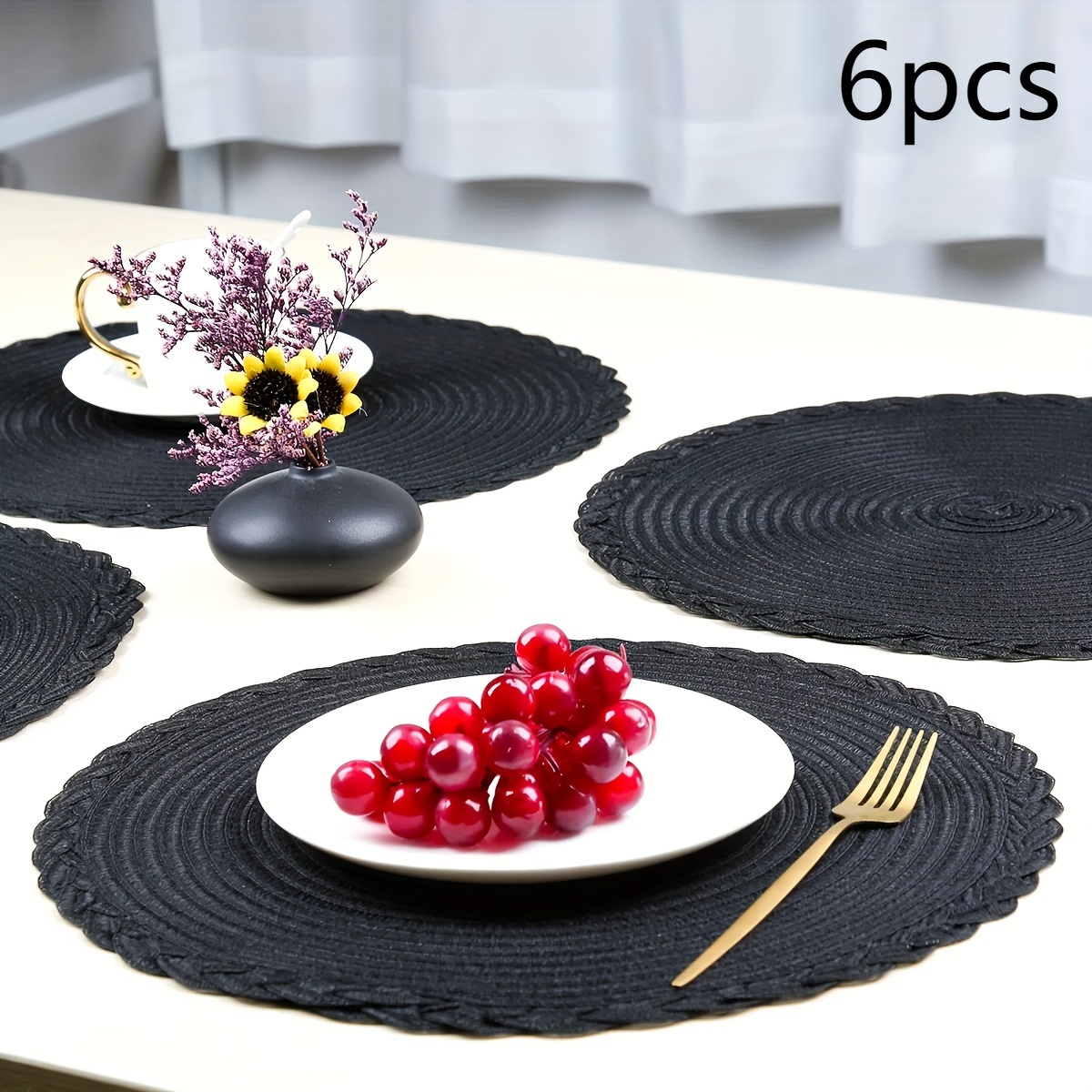 6pcs Black Round Placemat 15 Inch Durable Multifunctional Table Mat Mats Home Kitchen Supplies Christmas Decoration Dirty And