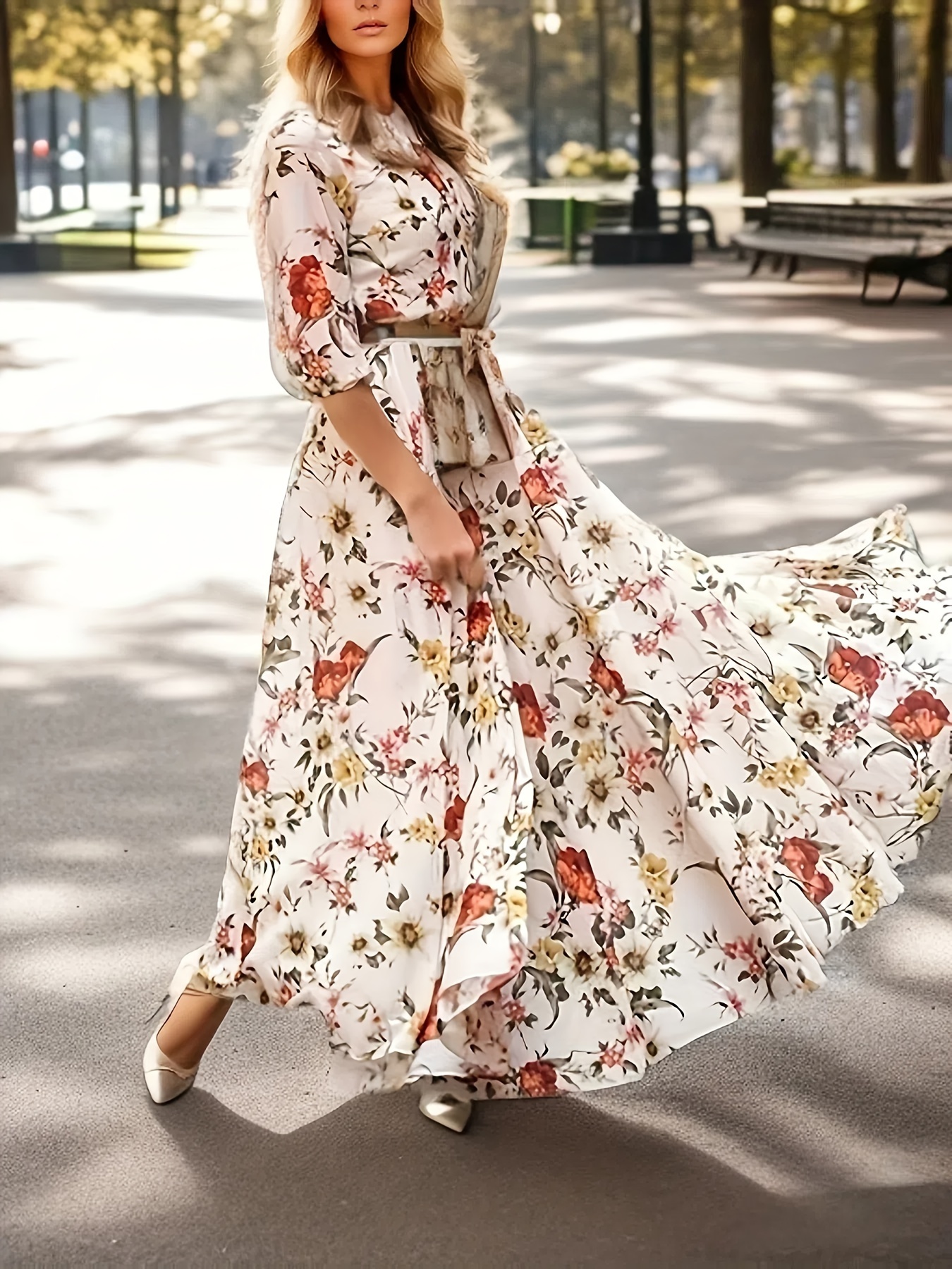 womens swing dress maxi long dress 3 4 length sleeve floral