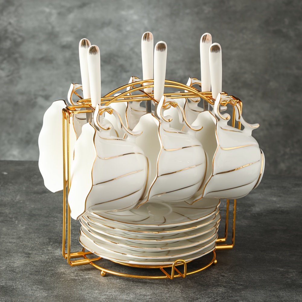 Image of 6pcs European Style Ceramic Coffee Cup Saucer Spoon Set, Set Includes: 6 Cups 6 Saucers 6 Spoons 1 Cup Holder, Mail Order Packaging, Afternoon Tea Coffee Cup, 220ml/7.74fl Oz