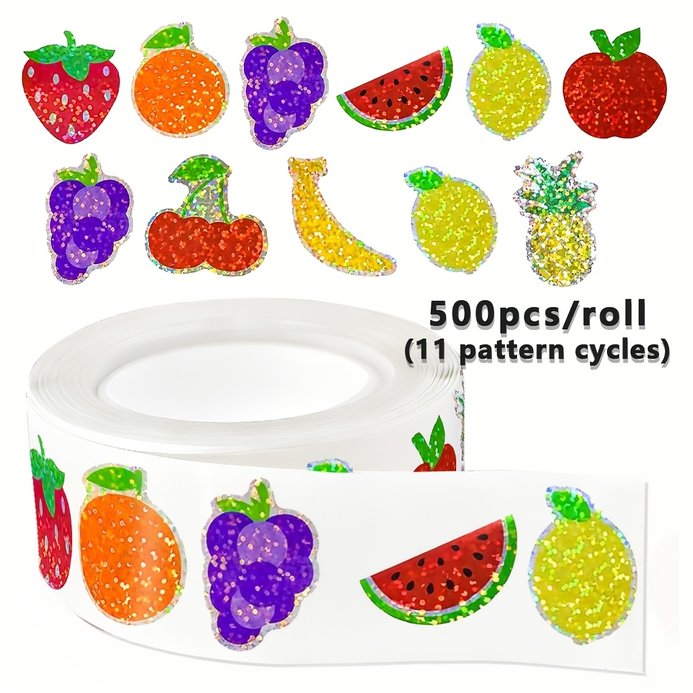 TEMU 500pcs (1 Rouleau) Autocollants de Fruits Laser Irréguliers 11 Fruits 2.5Cm/1Pouce Autocollants de Fruits Brillants et Colorés, Autocollants de