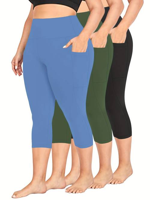 3pcs package plus size high waisted capri leggings with pockets for women soft yoga pants for running cycling workout tummy control leggings elegant and comfortable new style for summer