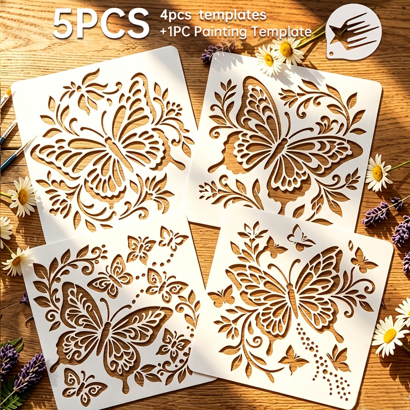 TEMU 5pcs Reusable Pattern Templates (4pcs Templates And 1pc Coloring Mold), Size: 12.7cm X 12.7cm, Exquisite Design, Suitable For Wall, Fabric,