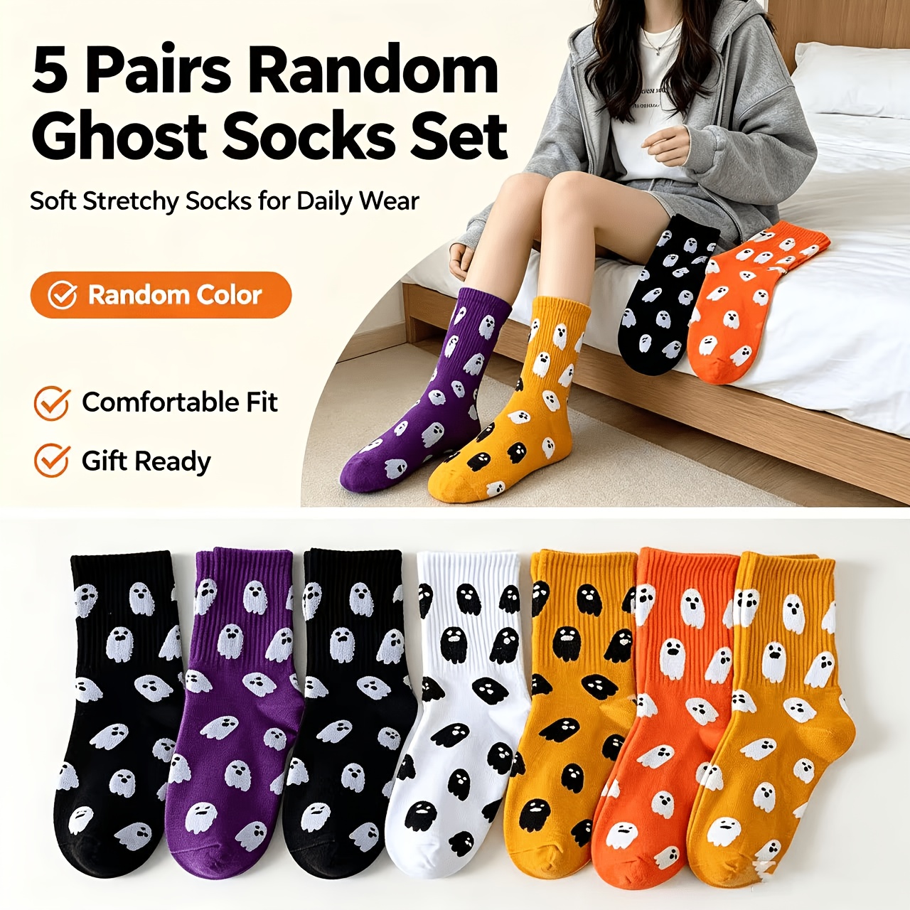 TEMU Lot de 5 paires de chaussettes d'Halloween pour femme - Chaussettes à imprimé et effrayant de couleur aléatoire, adaptées pour les fêtes, ,
