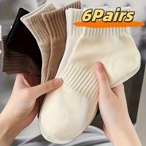 6 pair set of womens essential ribbed crew socks soft and comfortable fabric solid color breathable calf length cute socks