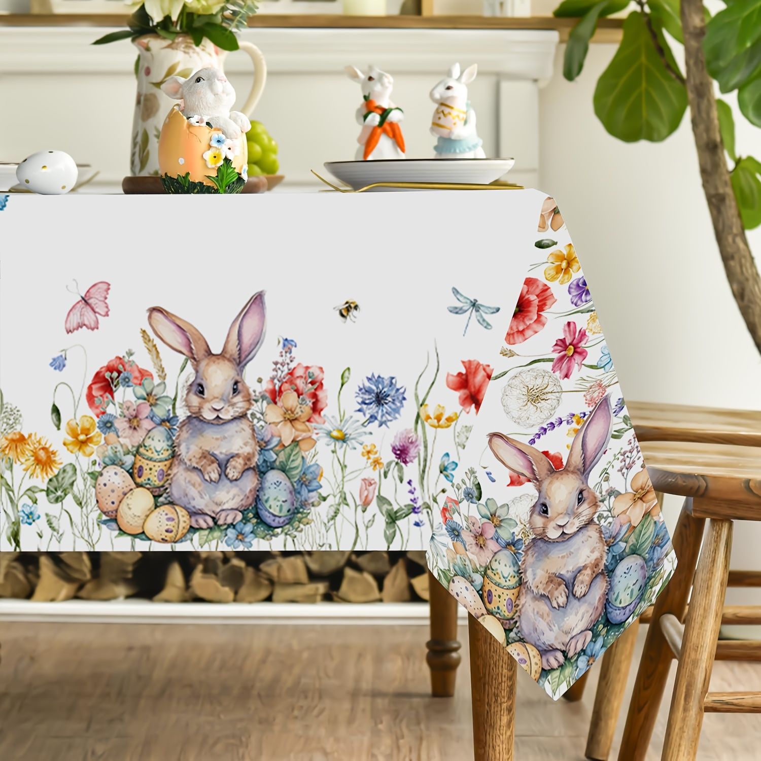 

1pc Easter Bunny Tablecloth, Polyester Square Woven Machine Made, Vibrant Rabbit & With Pastel Eggs, Butterflies, And Bees, Spring Holiday Decor For Party, Picnic, Or Dinner, Washable Table Cover