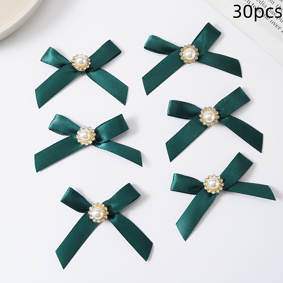 TEMU 30pcs Set Of Rhinestone-embellished Pearl Hand-tied Bows, Solid Color Satin Ribbon Hand-knots, Diy Lingerie Handmade Bows, Apparel Accessories,