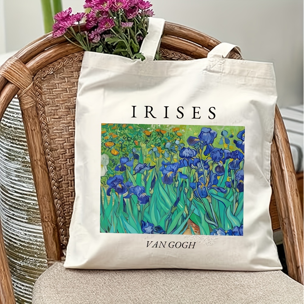 

Oil Painting Tote Bag, Art Tote Bag, Irises Printed Handbag Large Capacity Trendy Canvas Bags For Outdoor Picnic, Party, Travelling, Shopping