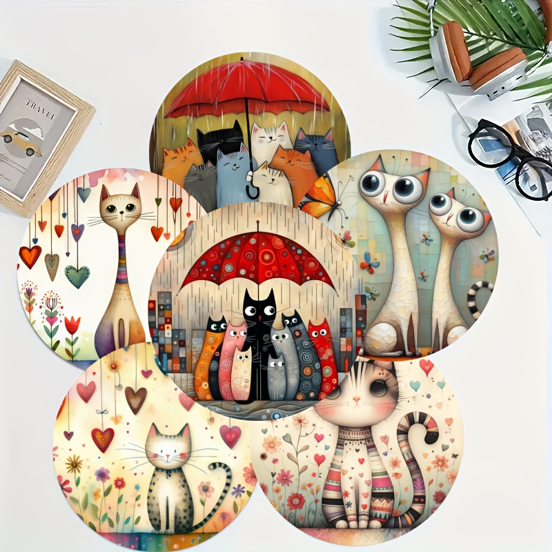 Image of A Set Of 6 Wooden Coasters Featuring A Cat Theme, Perfect For , The Office, Or Parties, And An Essential Decorative Gift For Holidays
