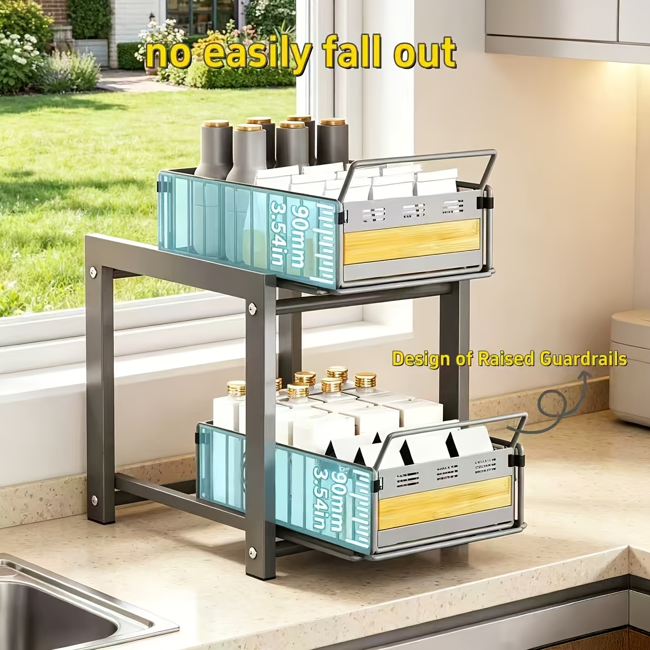 2-tier Pull-out Kitchen Storage Rack, Under-sink Storage Unit, With A Load Capacity Of 10kg Per Tier And Raised Edges To Prevent Items From Falling Out