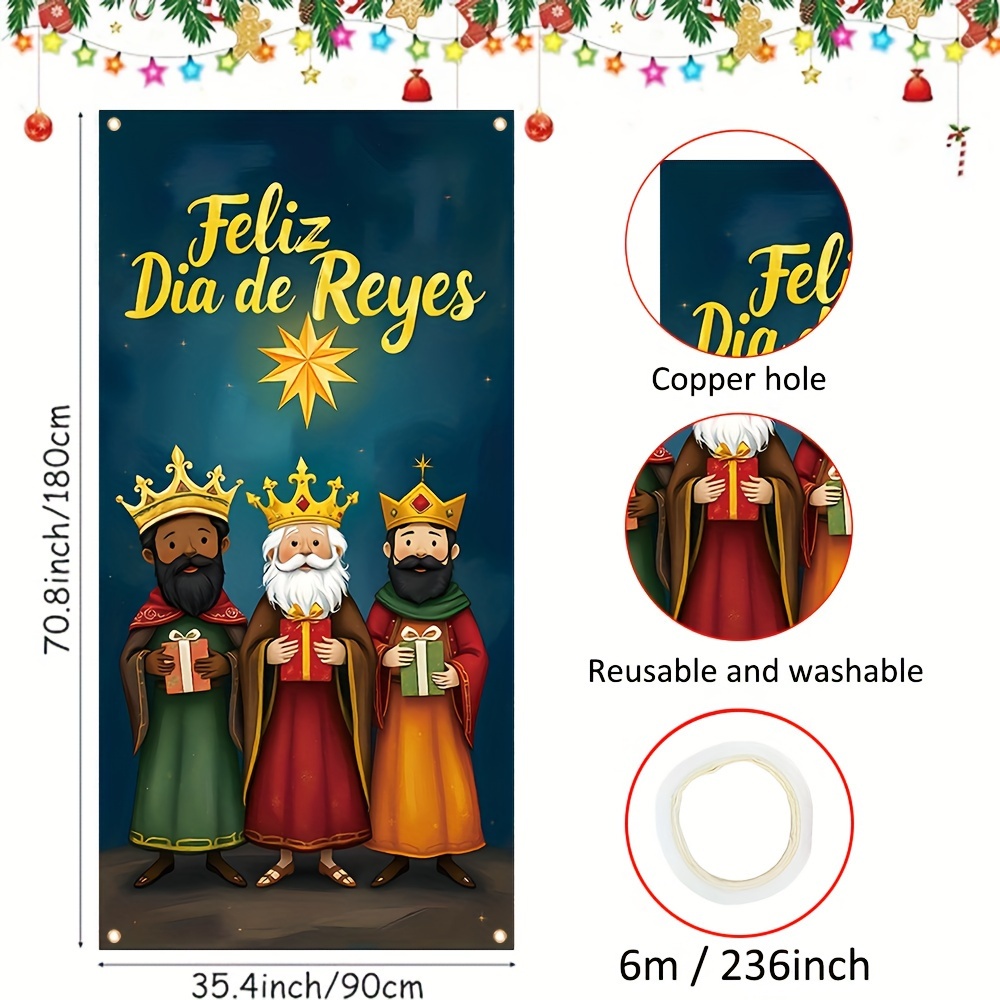 TEMU 1pc Día de Banner de Puerta - Diseño de Poliéster de Tres y Estrella, de Bienvenida de Navidad Multifuncional, No Necesita Electricidad,