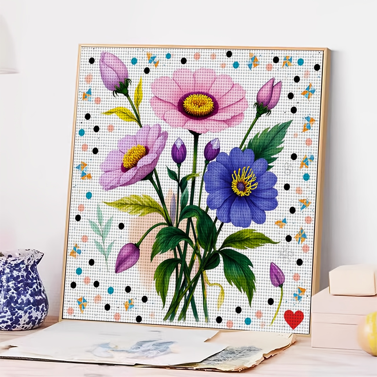 Cross Stitch Printed Kit, Frameless, "Colorful Floral Illustration" Pattern