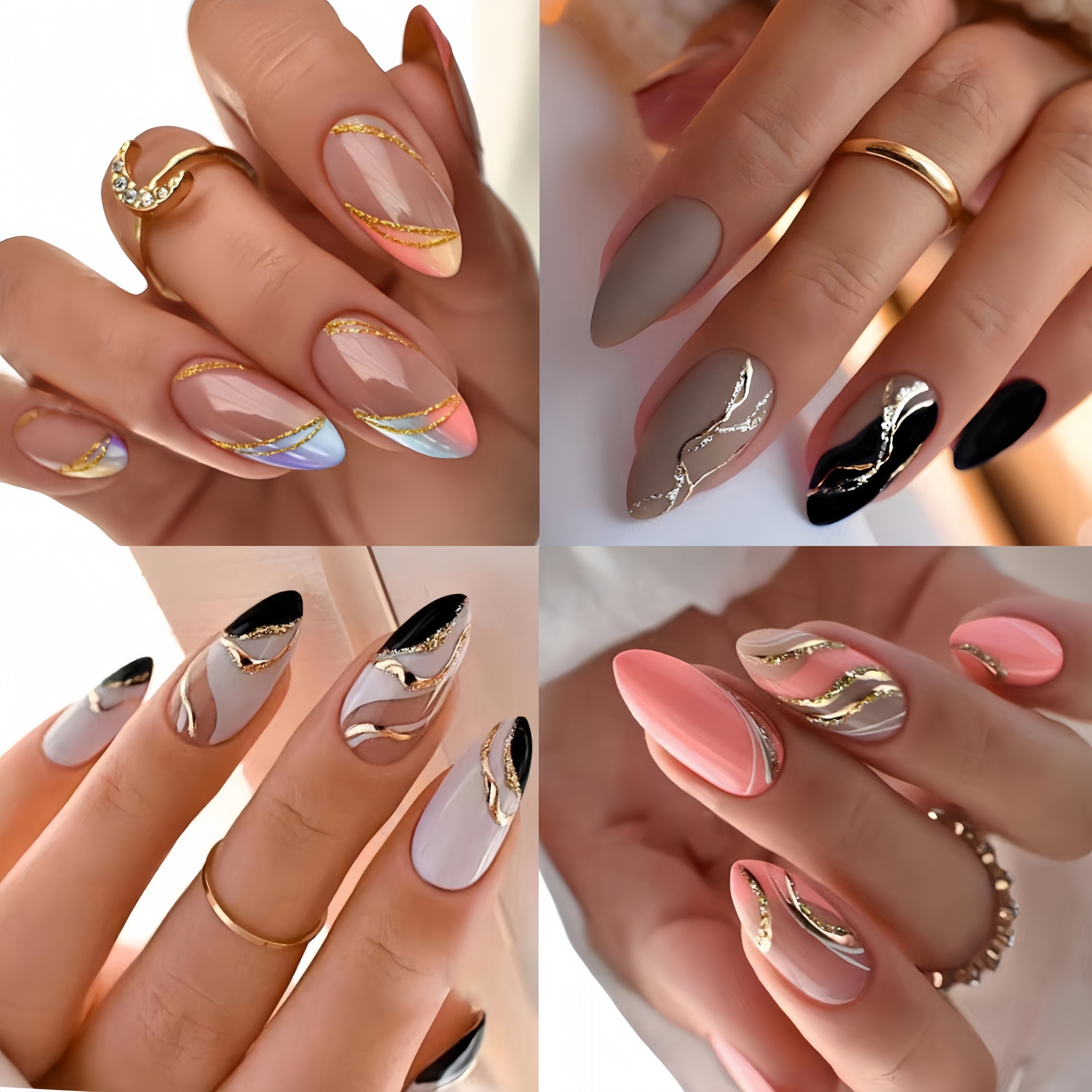 

4 Boxes (96 Pieces), Medium Almond Press On Nails, Combination Set, Colorful Fake Nails With Golden Stripe Design, Manicure Nail Art Full Cover False Nails For Women