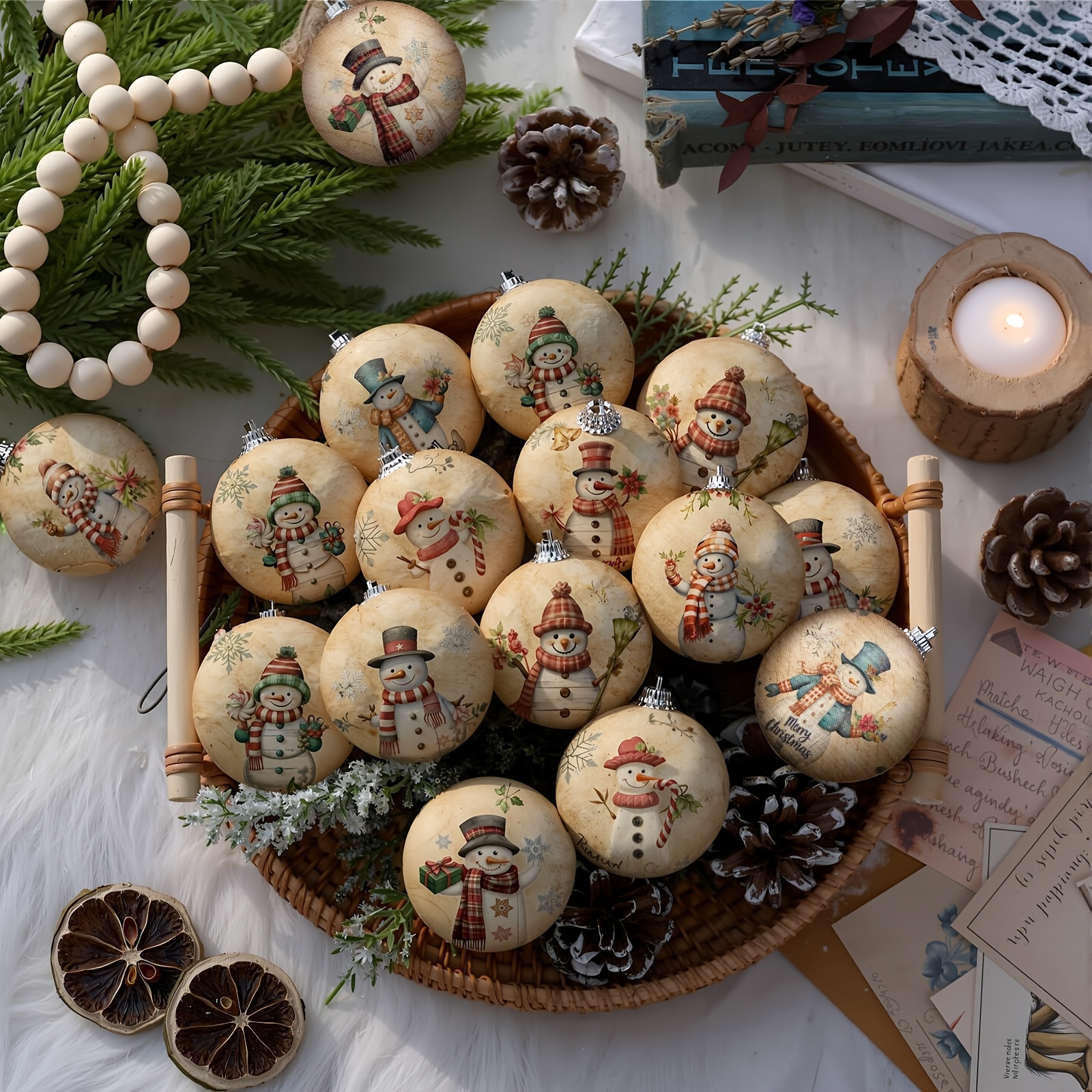 Image of 8pcs Pcs Vintage Snowman Ornaments - Hanging Ball Decorations Suitable For Tree, Polyurethane Snowman Decor With Smooth Round Shape, Farmhouse Holiday Decorations For Fireplace, Party Favors, Use