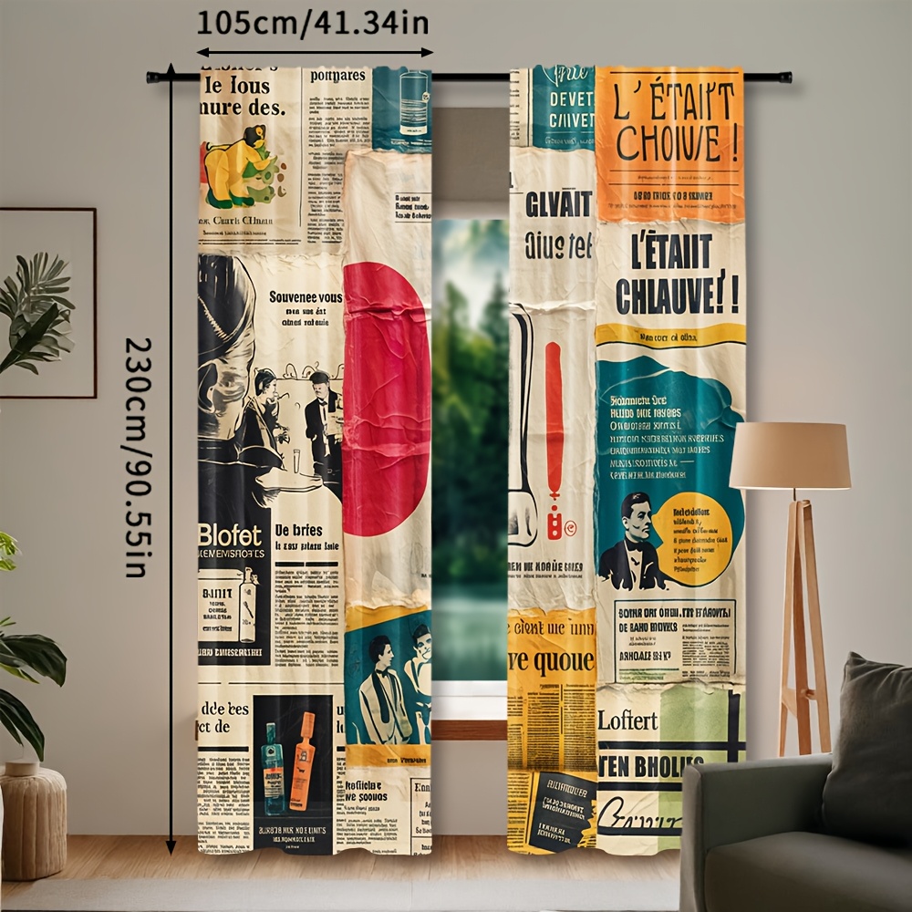 TEMU 2pcs Retro American Newspaper Curtains - Rod For Easy Hanging, Vintage Newspaper Print With Classic Newspaper Design, Semi-transparent Polyester
