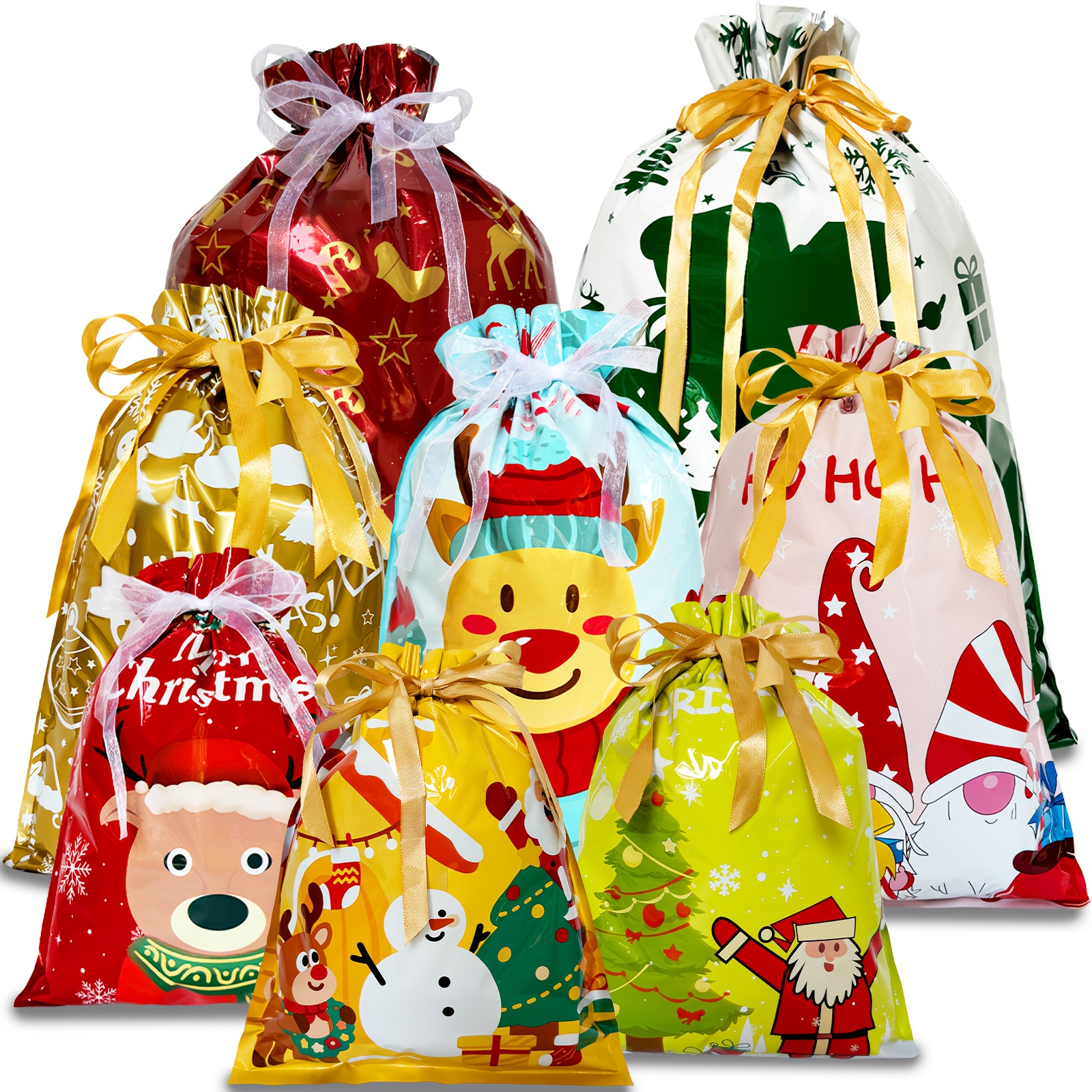 TEMU 28pcs Christmas Drawstring Gift Bags With Ribbon Ties - 4 Sizes (jumbo/extra Large/medium/small) & 8 (santa, Reindeer, Snowman, Christmas Tree,