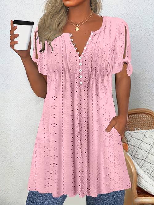 plus size womens blouse soft pink v neck top with front lace up size friendly everyday formal shirt machine washable elegant blouse for women casual wear feminine style breathable fabric short sleeve shirt office wear