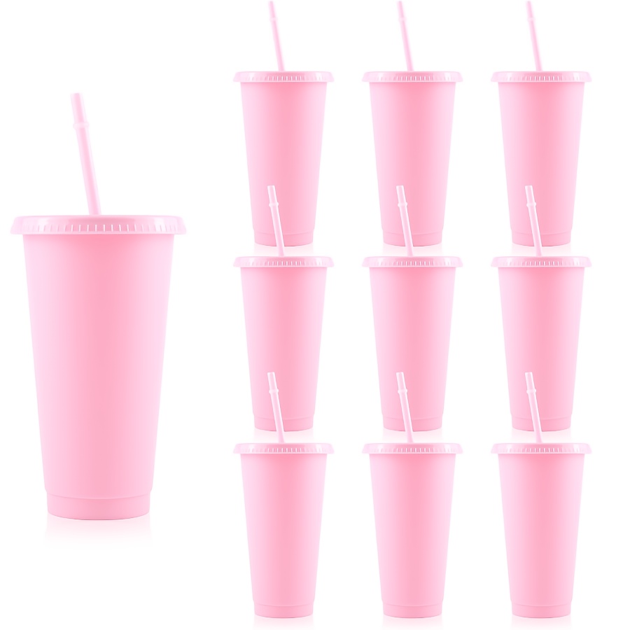 Image of 5/10pcs Plastic Cups With Lids And Straws, Reusable 24oz Tumbler Iced Coffee Cups, Travel Cups, Water Bottles, Suitable For Parties, ' Parties, Gifts, Party Decorations, Valentine's Day Gifts