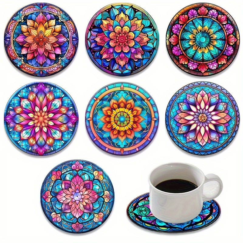 

8-piece Set Wooden Coasters With Mandala Flower Design For Coffee & Drinks, Decorative Cup Mats For Home & Restaurant Use, Ideal For Festive Gifts