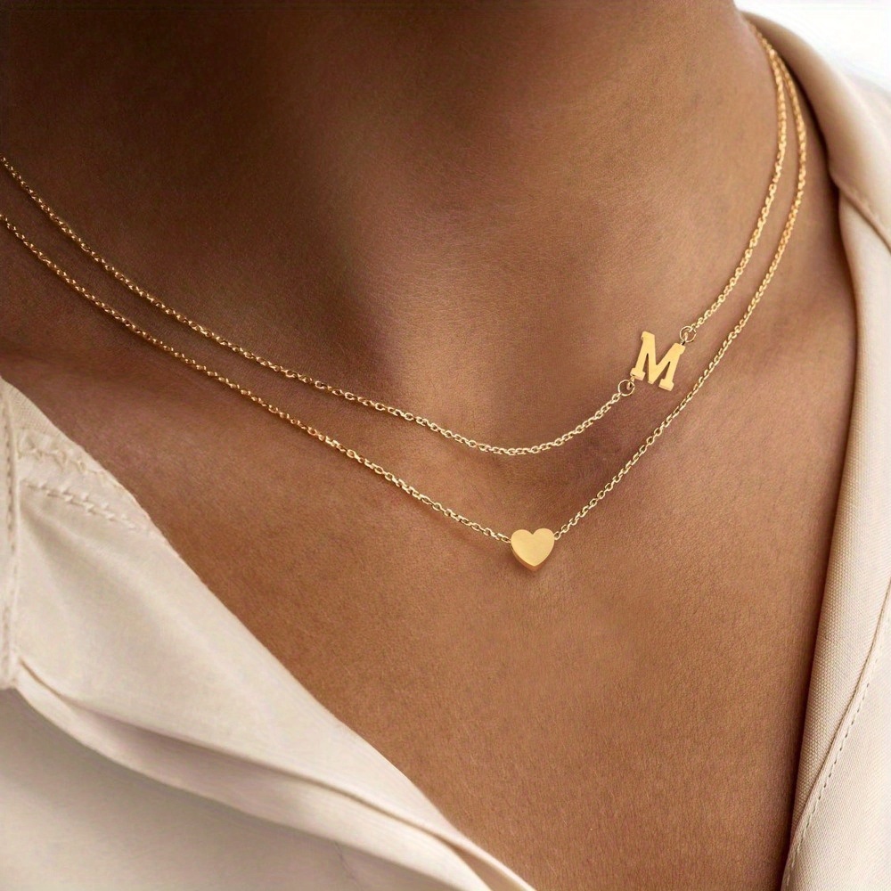 Image of 2pcs/set Classic Stainless Initial Pendant Golden Plated Chain Layered Necklaces For Women Valentines Jewelry Gifts