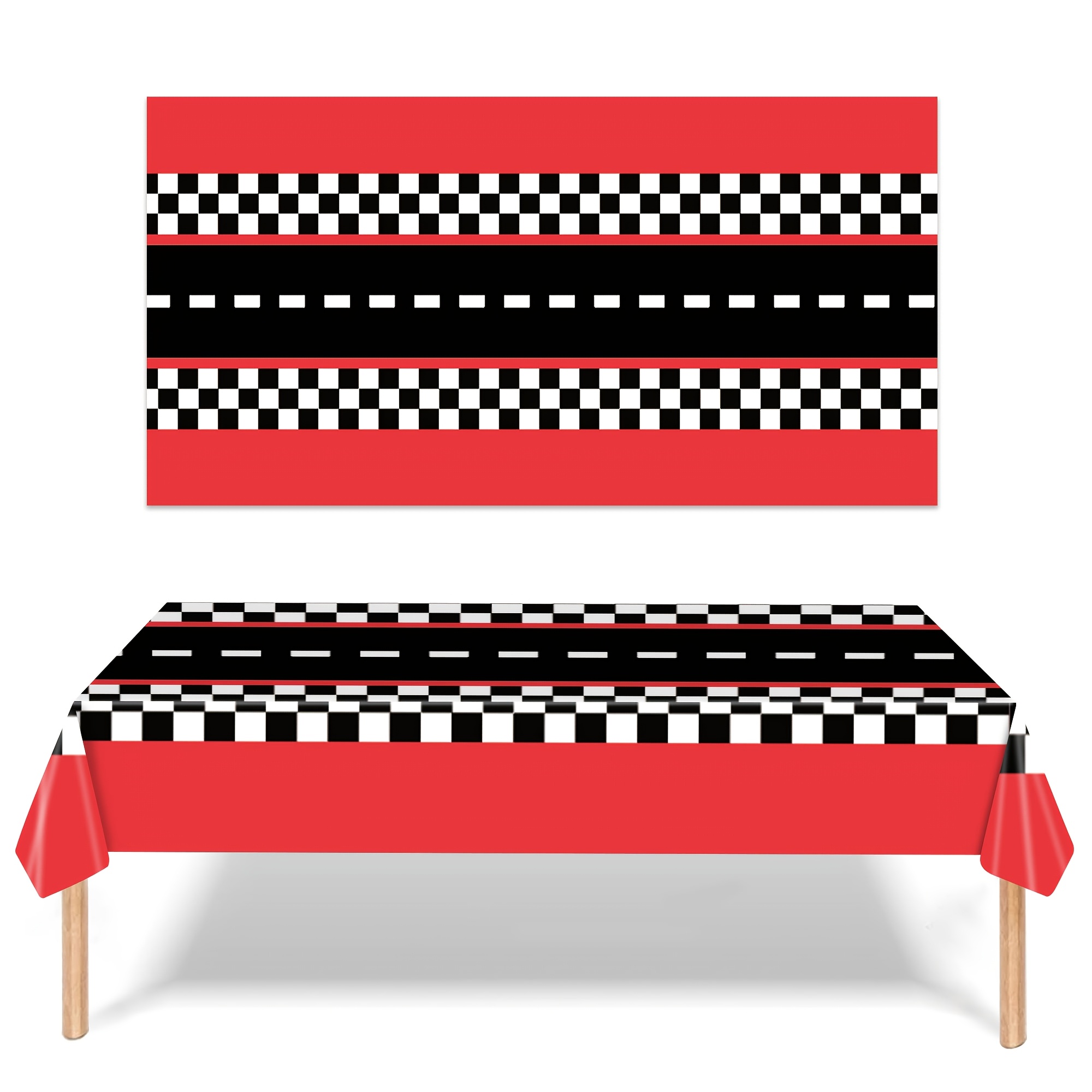 TEMU 1pc Of Red Background Racing Themed Party Tablecloth For Car Birthday Party Supplies, 54 X 108 Inches Disposable Rectangular Road Tablecloth