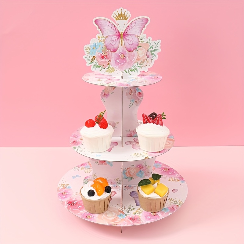 1個 ピンクの蝶々 ルペーパーケーキスタンド 3段式食品対応