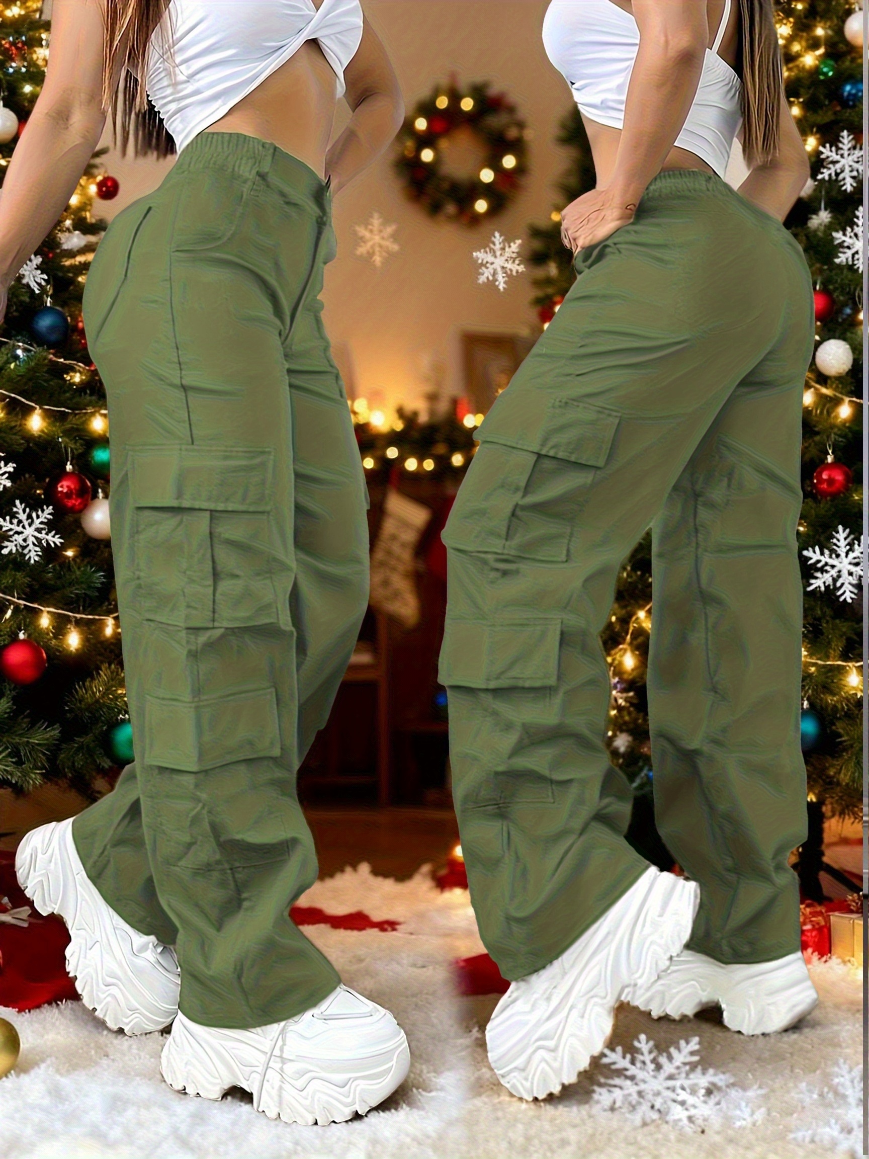 christmas   style womens casual loose cargo pants y2k comfortable elastic waist multi pocket long pants army green 0