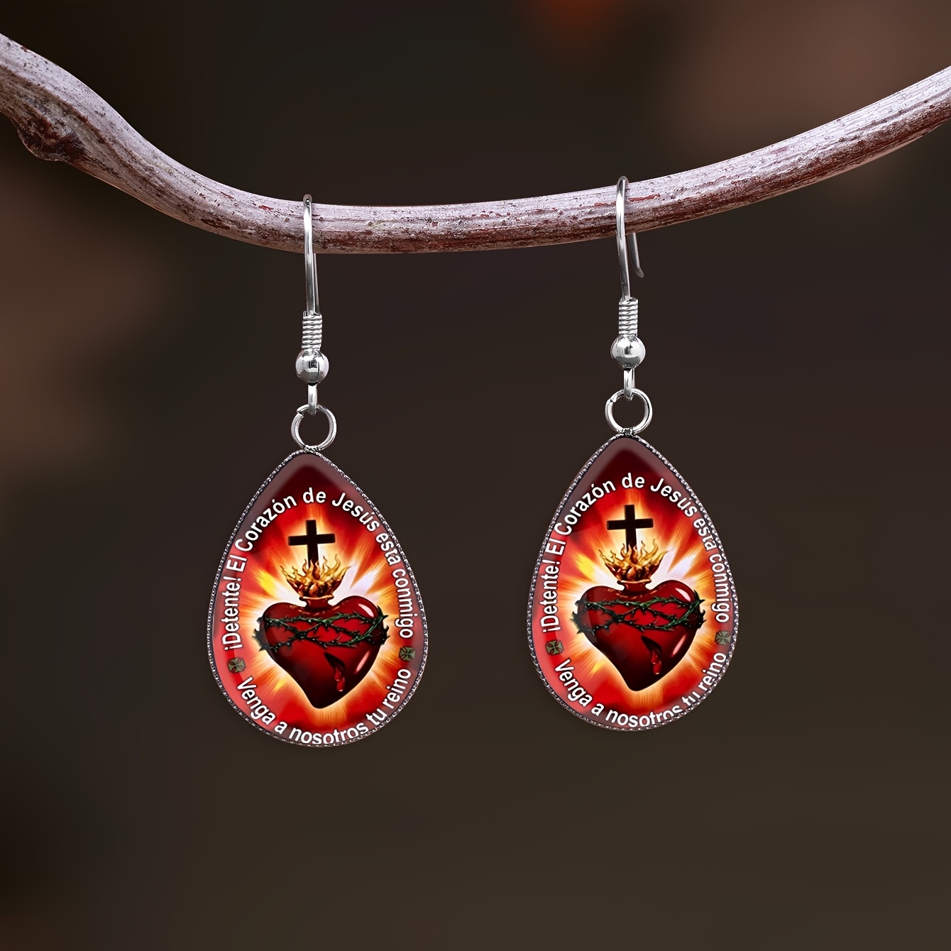 Red Base Sacred Heart Cross Pattern Water Drop Earrings