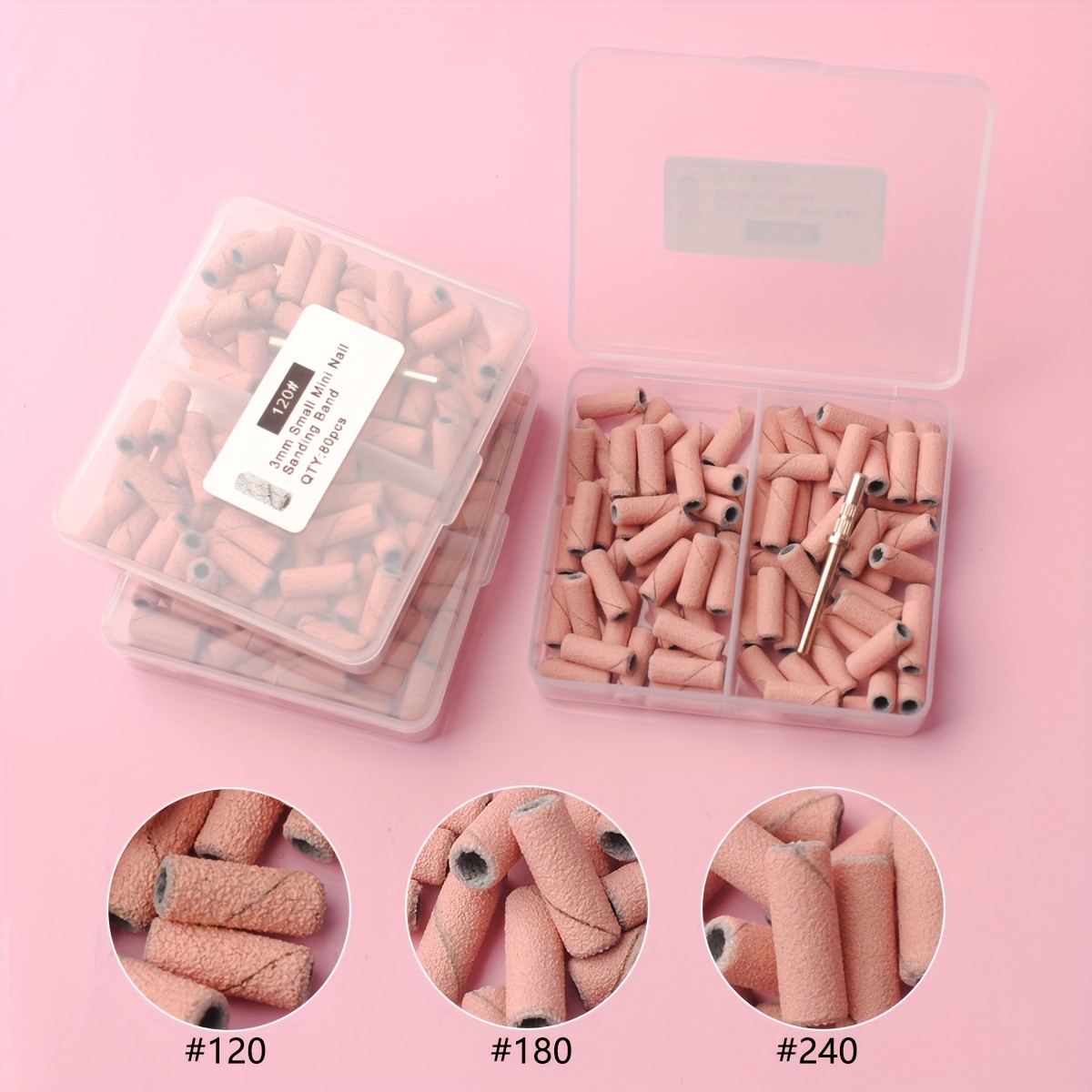 

Lot de 80 Bandes de Ponçage pour Nail Art Ablinsite Rose - Mini 3.1mm, Hypoallergéniques avec Embouts pour Meuleuses à Ongles Électriques & Outils de Retrait, Organisées dans un Boîtier Transparent