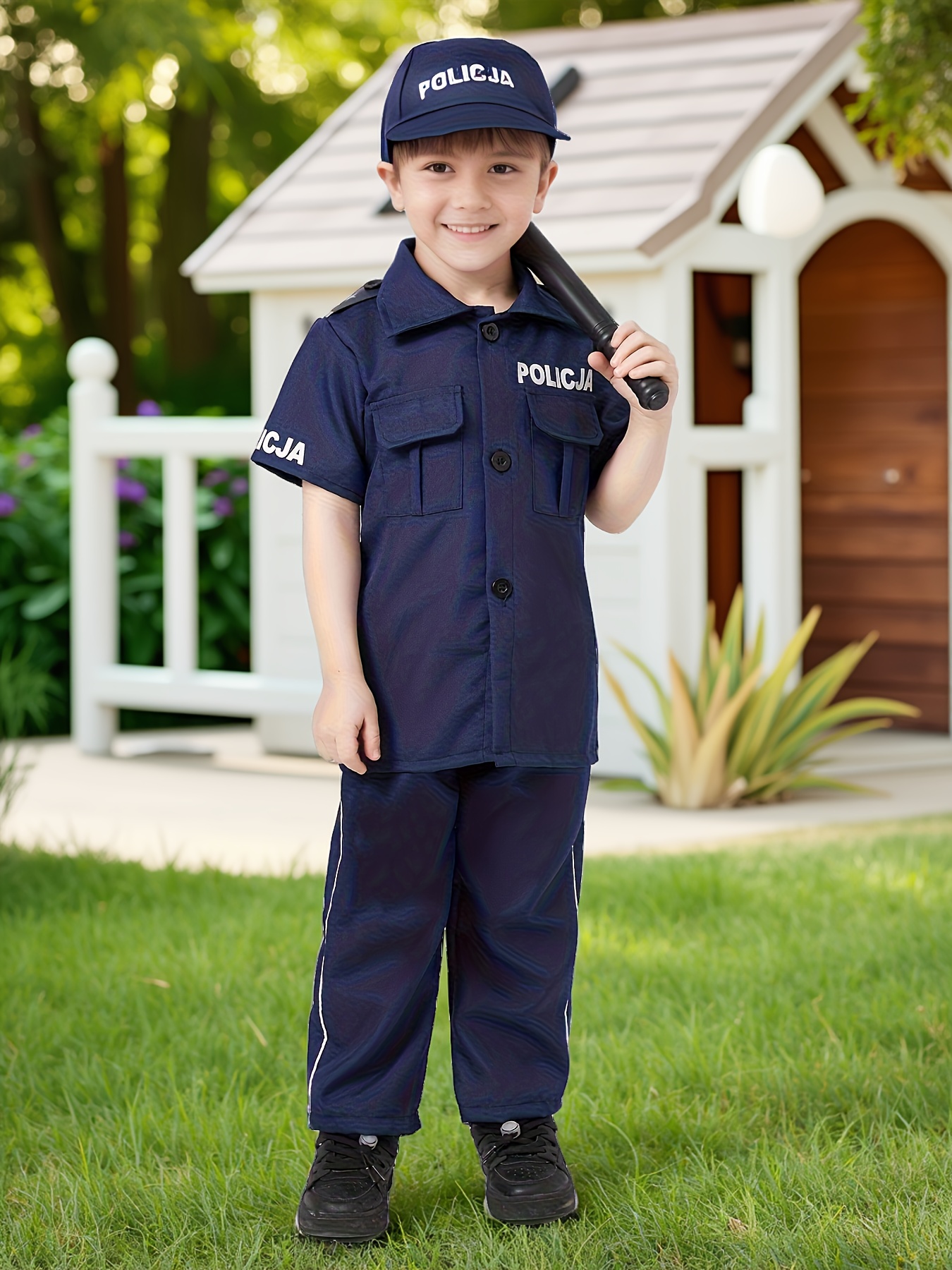 the for   police featuring a jacket pants hat and baton is   with patterns throughout has trim along the sides of the pants and   an adjustable belt for occasions like halloween carnival and other celebrations