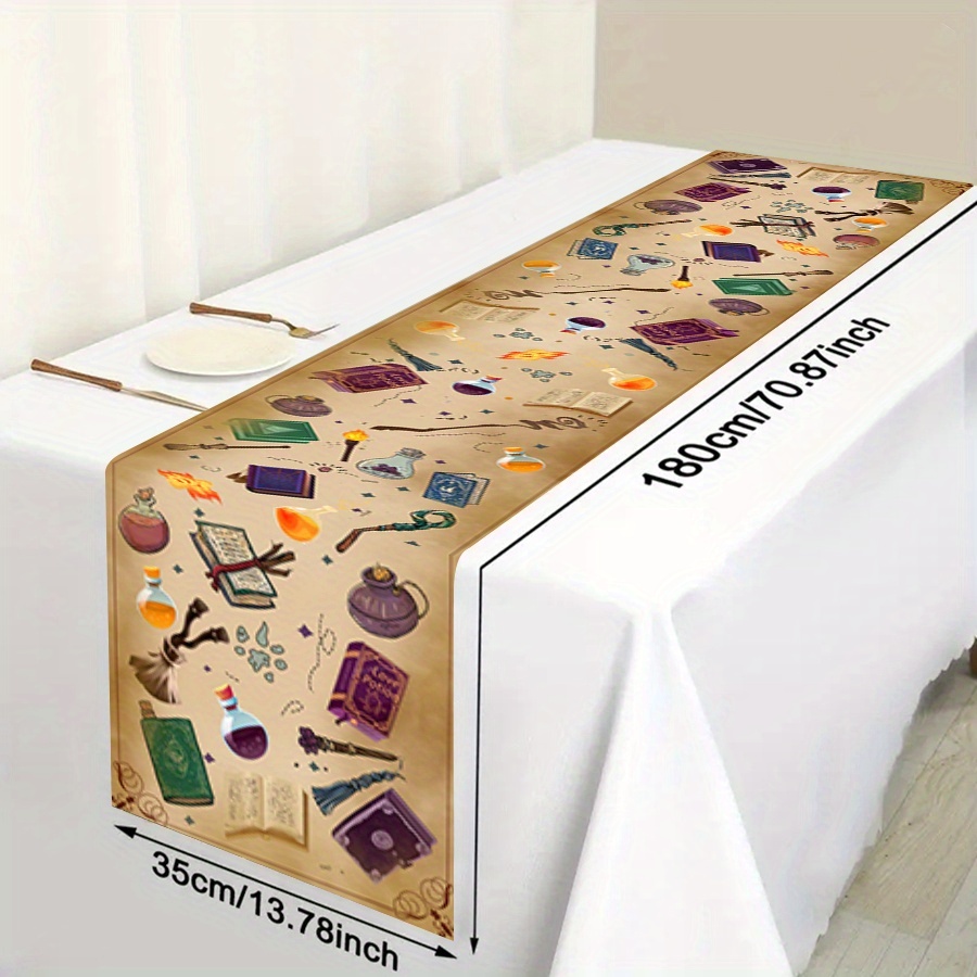 1pc Fantasy Wizard-themed Table Runner - 100% Polyester, Durable & Easy-clean With Magic Symbols, Potion Bottles, Books & For Birthday Parties, Halloween, Themed Events | Fabric